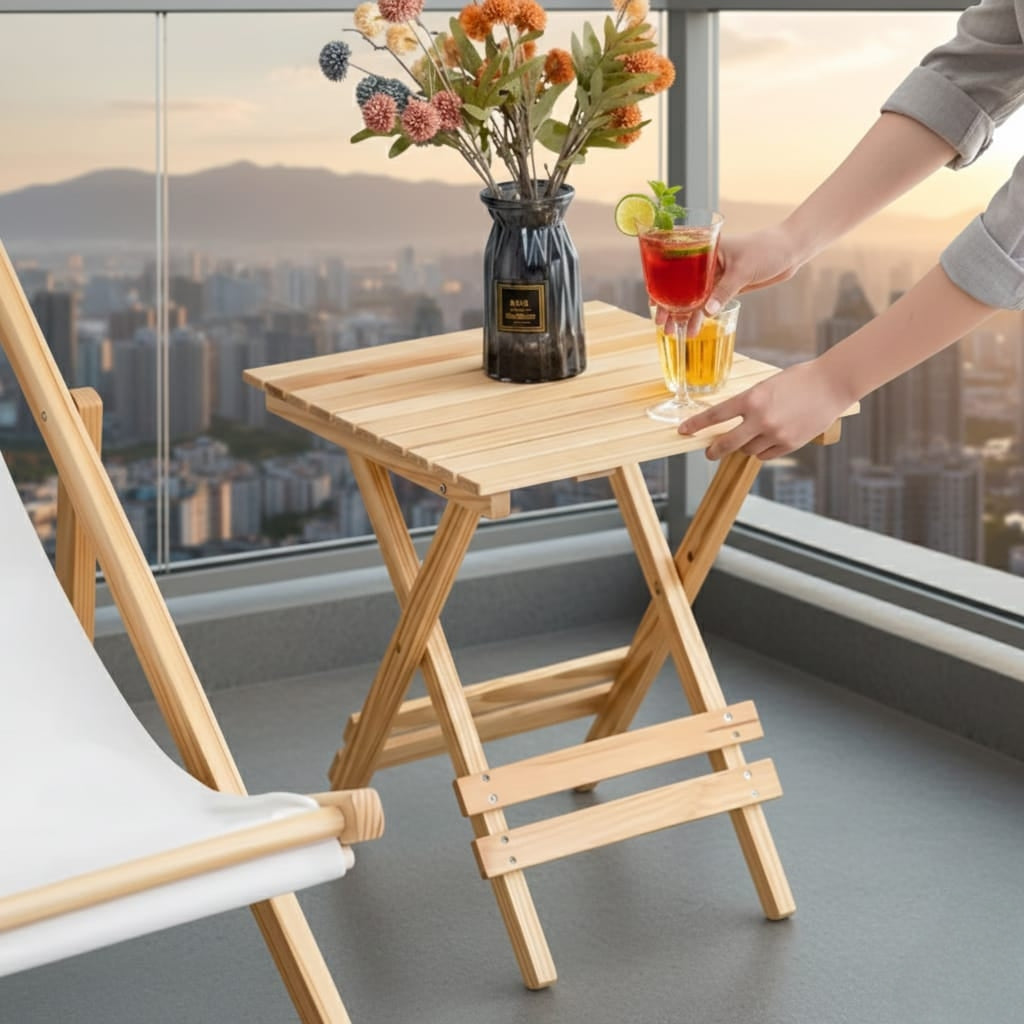 Wooden folding slatted side table for balcony and indoor use.
