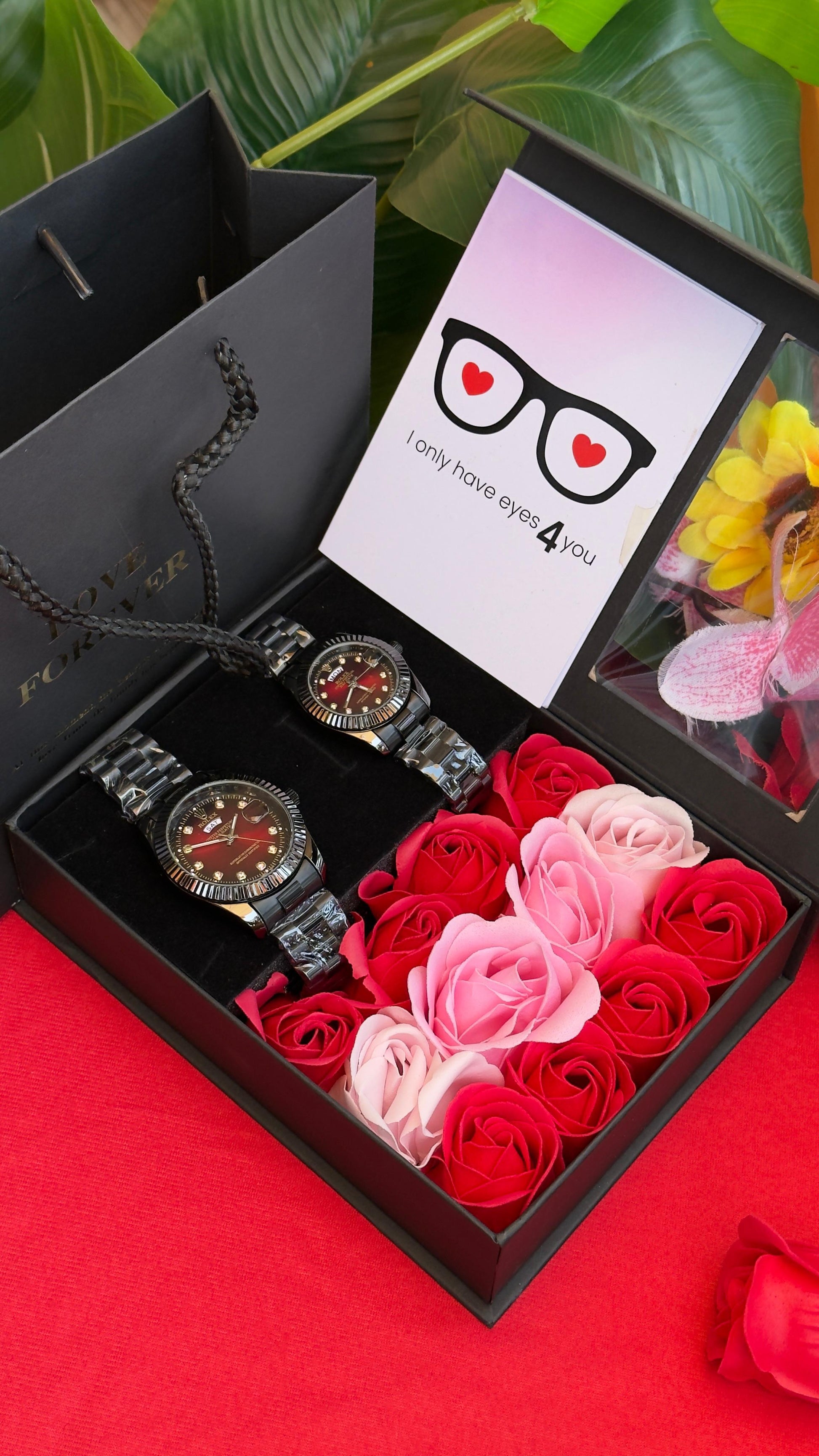 Valentine’s gift set with matching couple Rolex watches, preserved rose, gift box and card