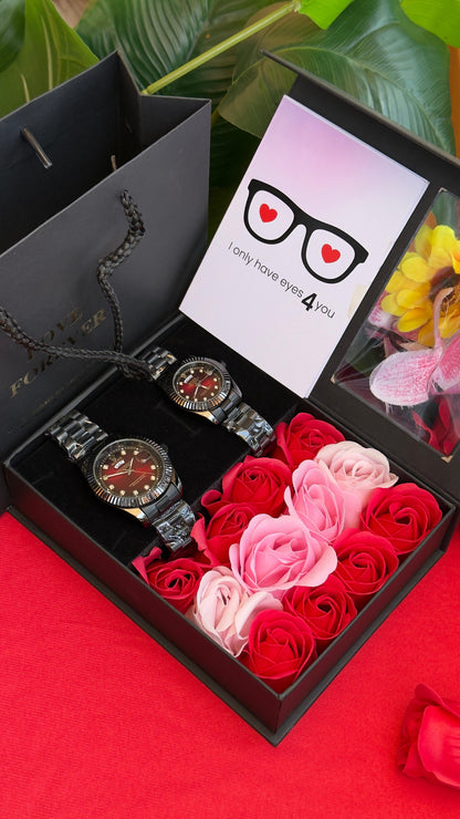 Valentine’s gift set with matching couple Rolex watches, preserved rose, gift box and card