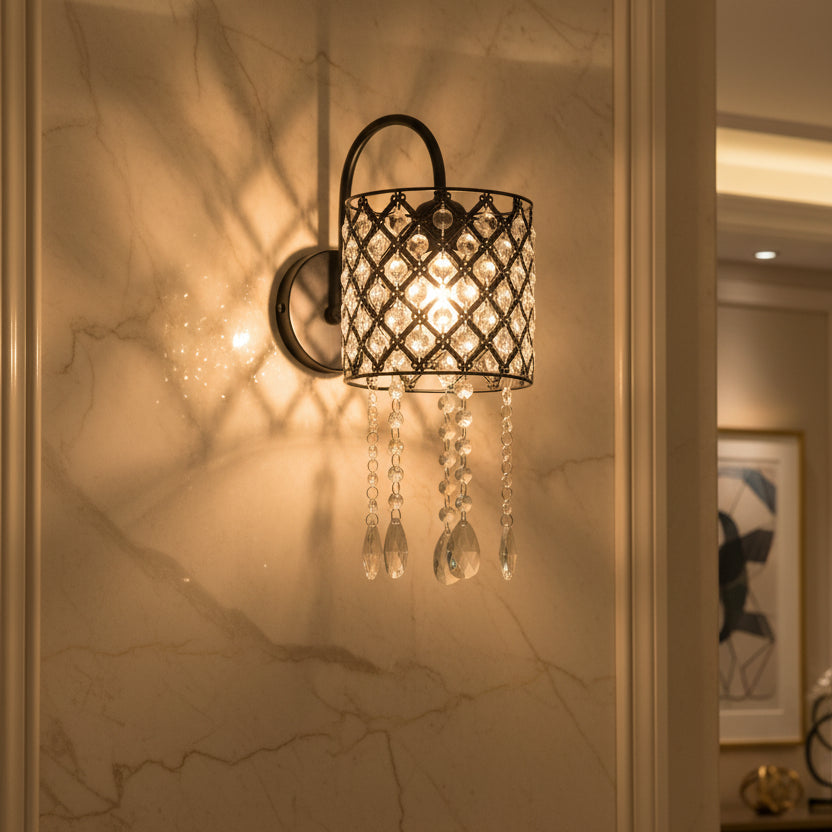 Vintage black wall lamp with crystal drops and E27 bulb holder for elegant indoor lighting and décor