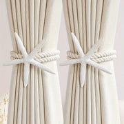 Boho curtain tiebacks pair with cotton linen rope and starfish decor, adjustable window drapery holders