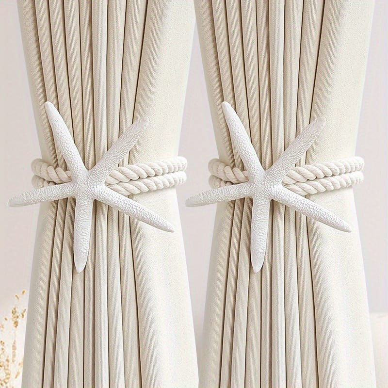 Boho curtain tiebacks pair with cotton linen rope and starfish decor, adjustable window drapery holders