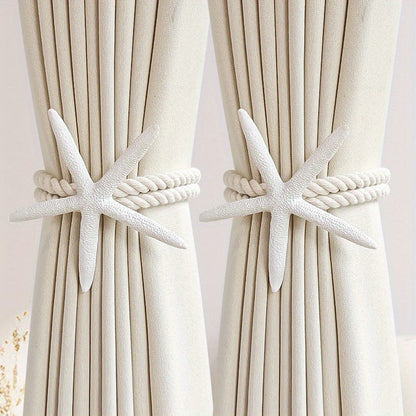 Boho curtain tiebacks pair with cotton linen rope and starfish decor, adjustable window drapery holders