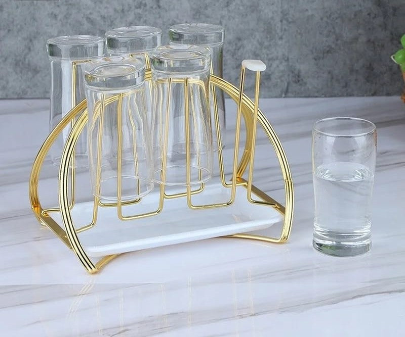 Glass and cup holder with drainer, metallic handle, rubber ends, and rust-resistant construction for kitchen use