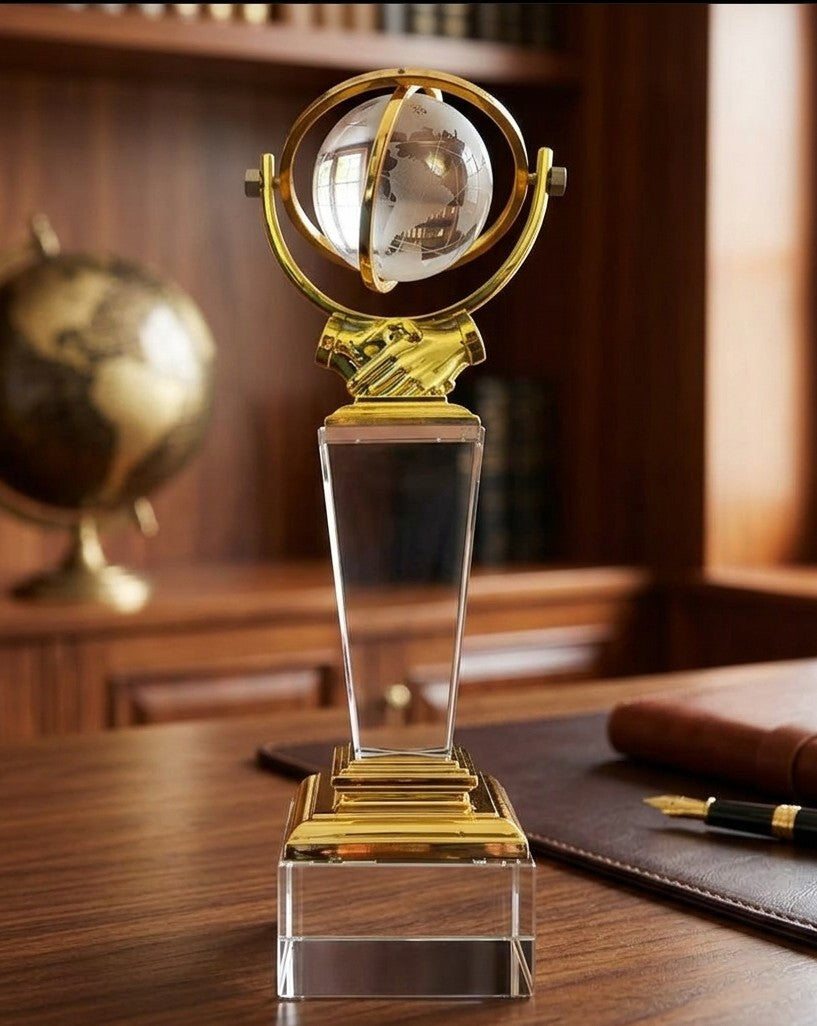 Crystal globe trophy, elegant decorative award for home, office, or corporate recognition. 