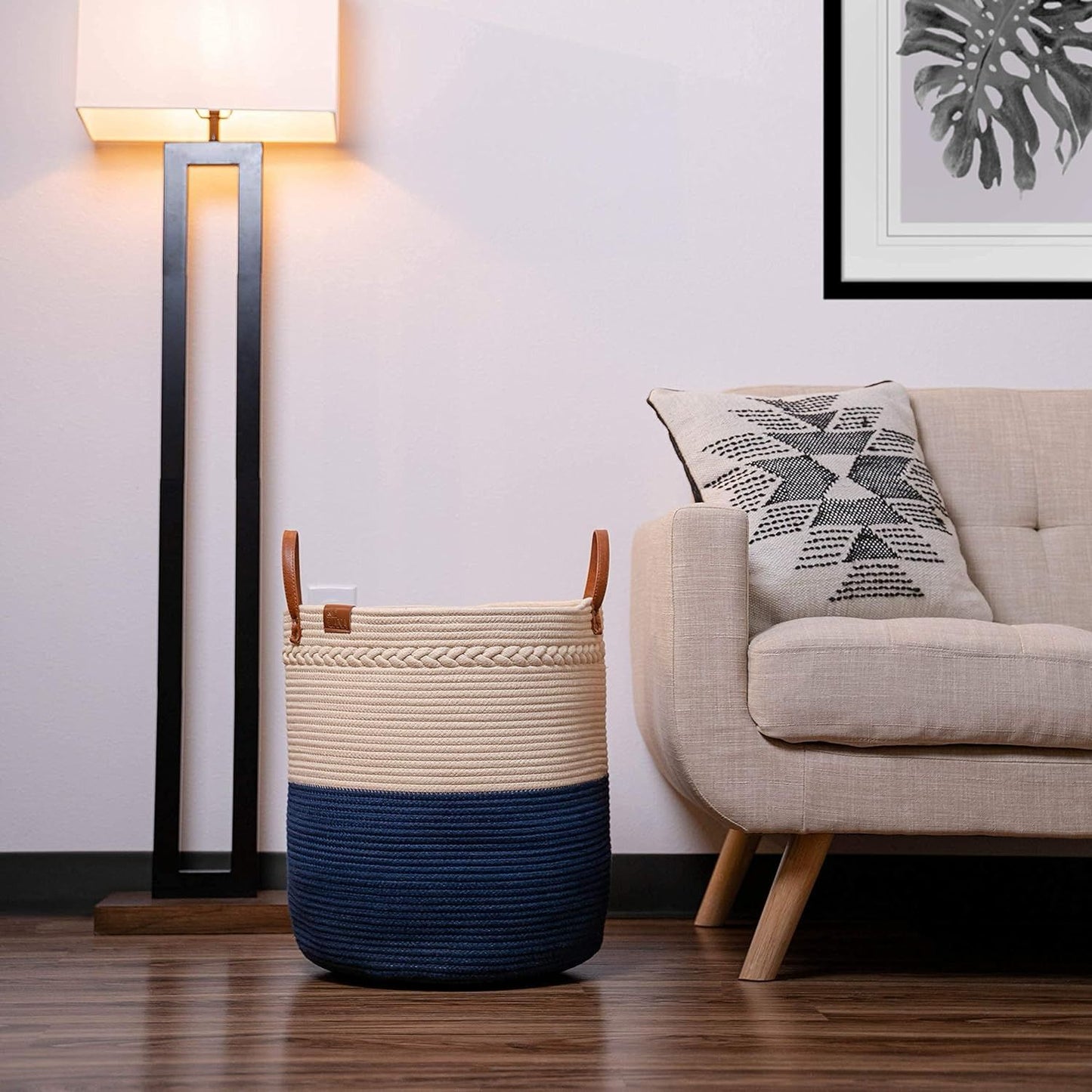 Large cotton rope woven storage basket with handles