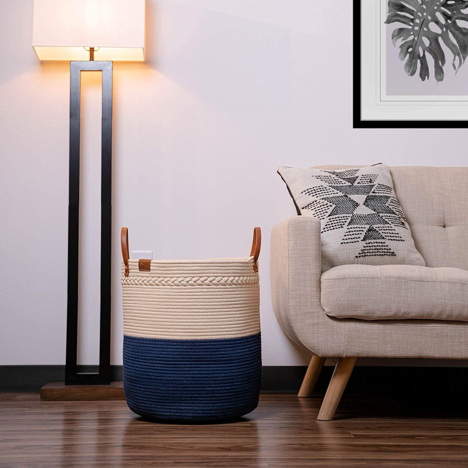 Large cotton rope woven storage basket with handles