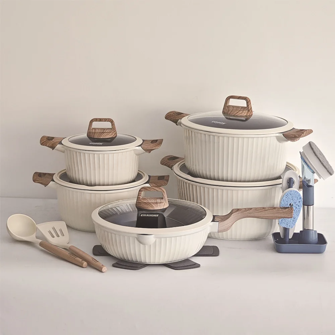 Granite sufuria cookware set with casseroles, pan, glass lids, and silicone spoons.