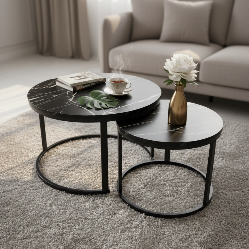 Dawood Lifestyle & Gadgets kes round black glass nesting coffee table set with black metallic frame for modern living room décor