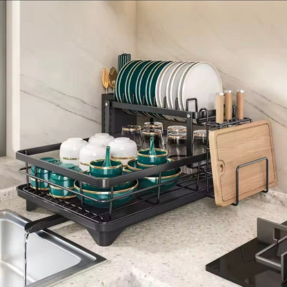 Gemelli Colllection 2 tier dish rack with cutlery holder and chop board holder carbon steel kitchen organiser black rust resistant dish drying rack countertop plate bowl utensil storage rack modern kitchen drainer stand