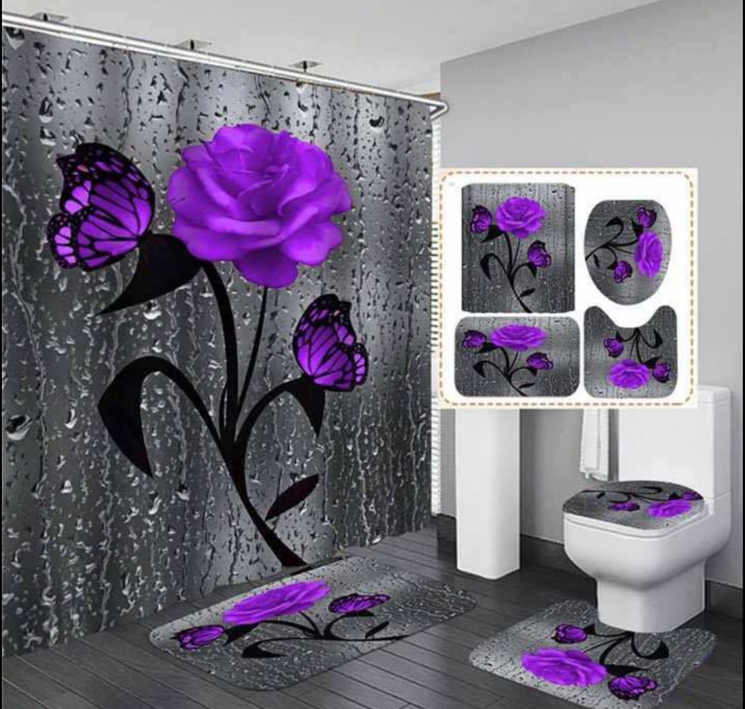 4-piece bathroom set with waterproof shower curtain 185×185 cm and 3-piece toilet set for home use