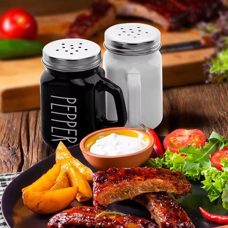 Salt and pepper shakers set with stainless steel lids, spice dispenser for kitchen and dining table use