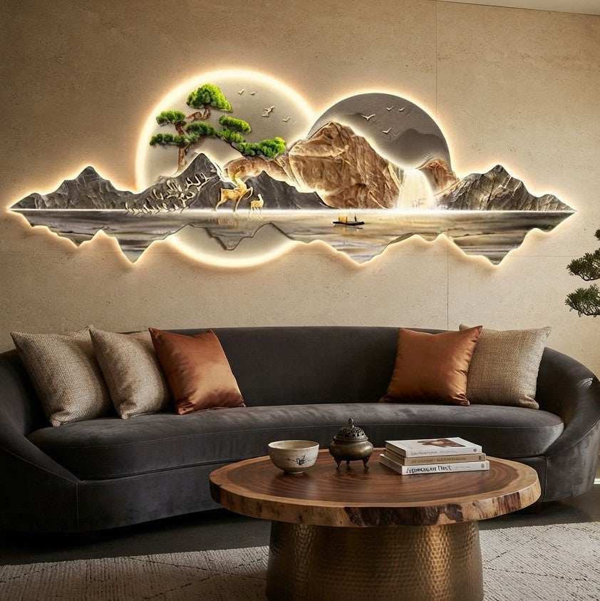 3D LED wall art featuring a mountain landscape and waterfall with ambient lighting for elegant home and office décor.