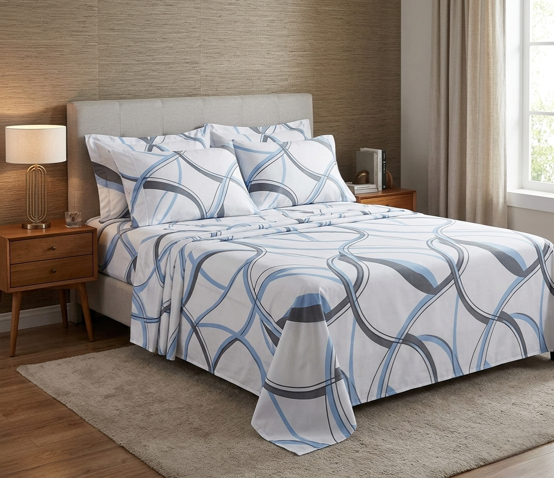 Pure cotton bedsheets set with fitted and flat sheets plus four pillowcases in plain and printed designs