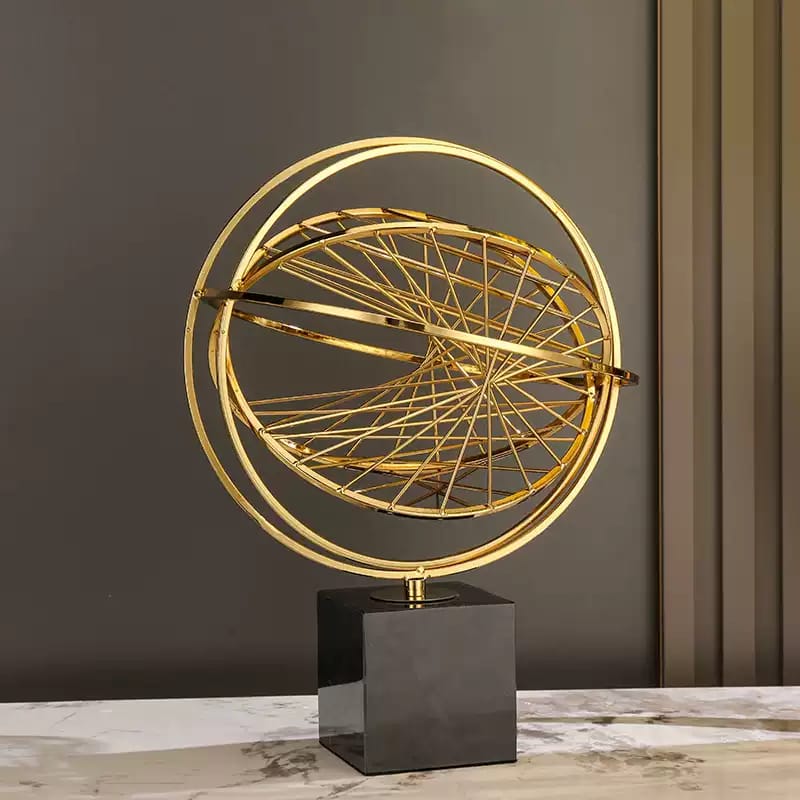 Gold geo orb sculpture, modern geometric luxury table decor ornament for home and office. 