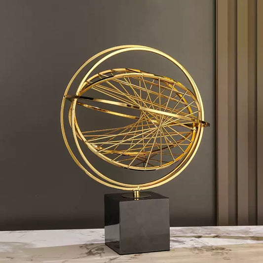 Gold geo orb sculpture, modern geometric luxury table decor ornament for home and office. 