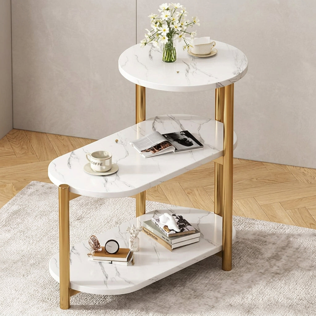 3 Tier round side table with wood and metal frame for storage and décor in modern living spaces