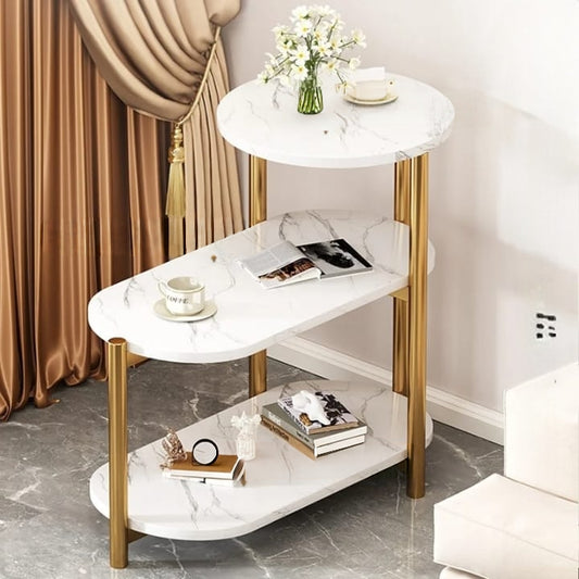 3 Tier round side table with wood and metal frame for storage and décor in modern living spaces
