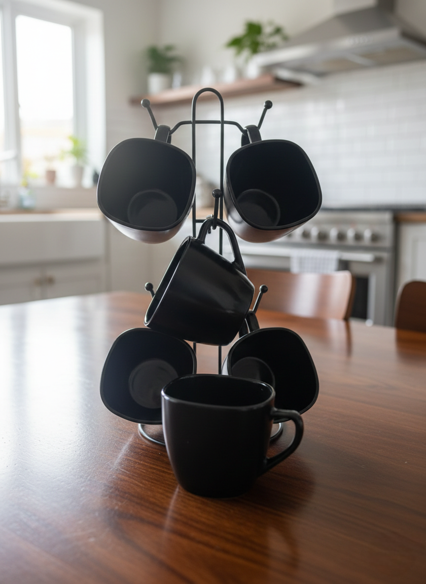Set of 6 black ceramic cappuccino/coffee cups, 220 ml each.