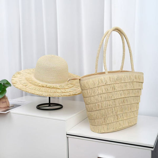 Summer straw woven beach bag and hat set with plaid straw, leather accents, and zipper closure, chic travel accessory. 