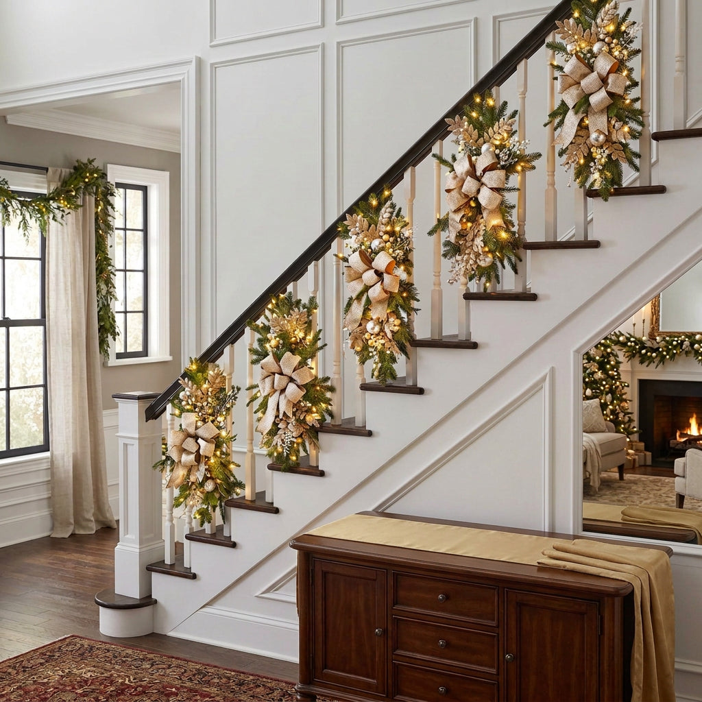 60 × 40cm Christmas Staircase Swag Wreath with Battery-Powered LED Lights, Bows, Pine Foliage, Cones and Berries 