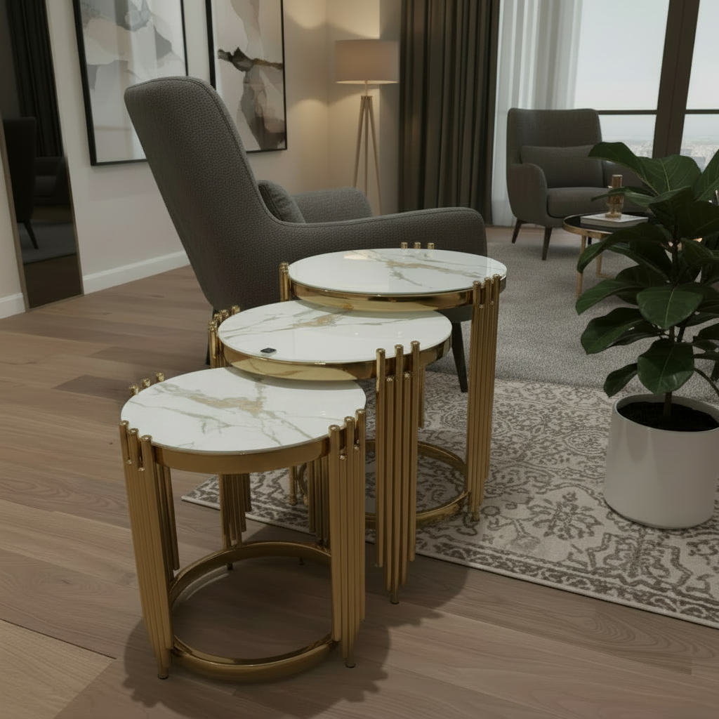 3 in 1 Nesting  Glass Side Stool Tables Set yop