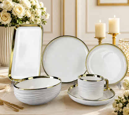 32pc Gold Ring Ceramic Dinner Set White with Gold Trim