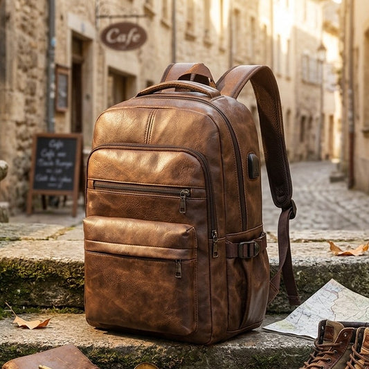 PU leather USB charging backpack with large capacity laptop compartment, stylish school and travel bag. 🎒