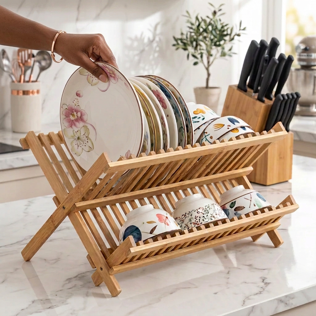 2 Layer Foldable Bamboo Dish Rack