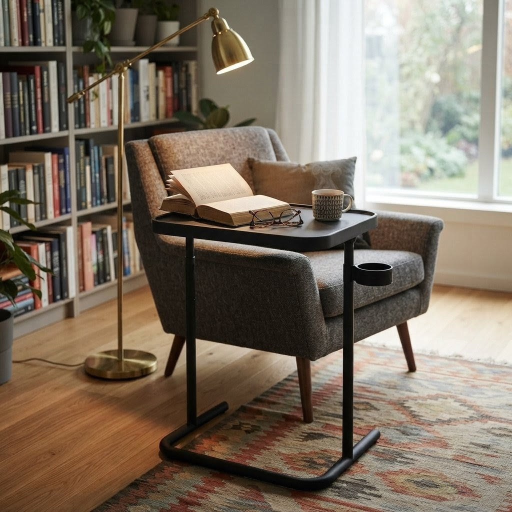 Adjustable laptop desk with built in cup holder, available in black and white, for home, office, and outdoor use.
