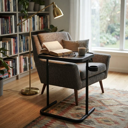 Adjustable laptop desk with built in cup holder, available in black and white, for home, office, and outdoor use.