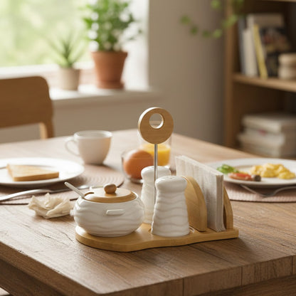 Ceramic Sugar, Serviette And Salt Shakers Set With Bamboo Base