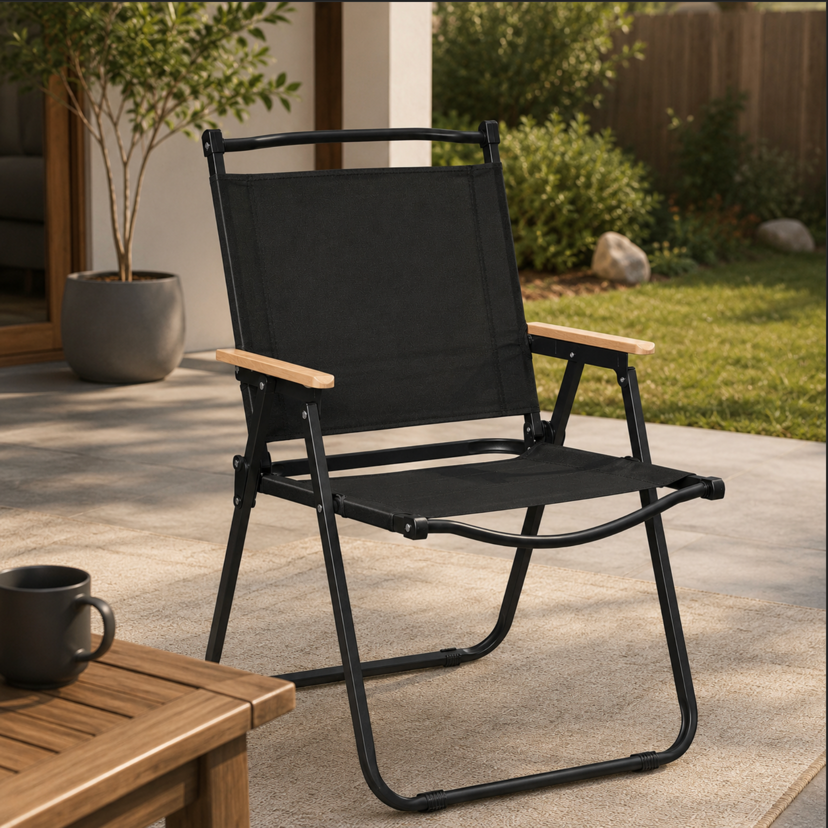 Portable Folding Camping Chair with Wooden Armrests