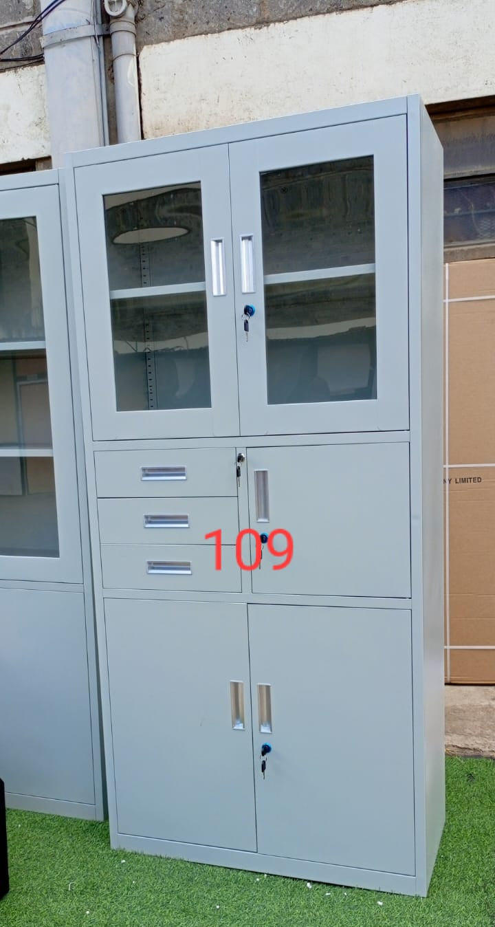 Steel Combination Cabinet with Glass Doors, Drawers and Storage Compartments