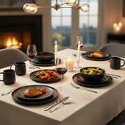 24-piece rock glazed porcelain ceramic dinner set with plates, side plates, bowls, and mugs, microwave and dishwasher safe.