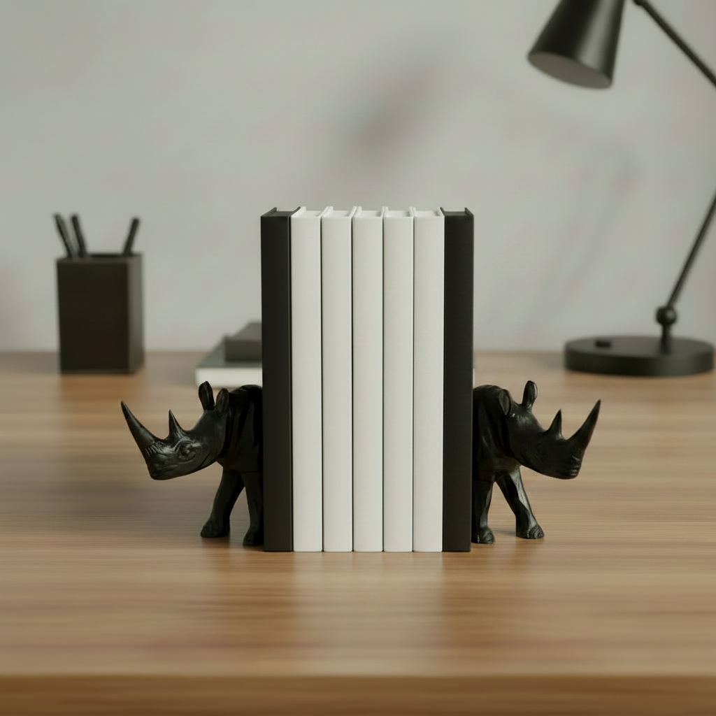 Black Wooden Bookends with Rhino Design