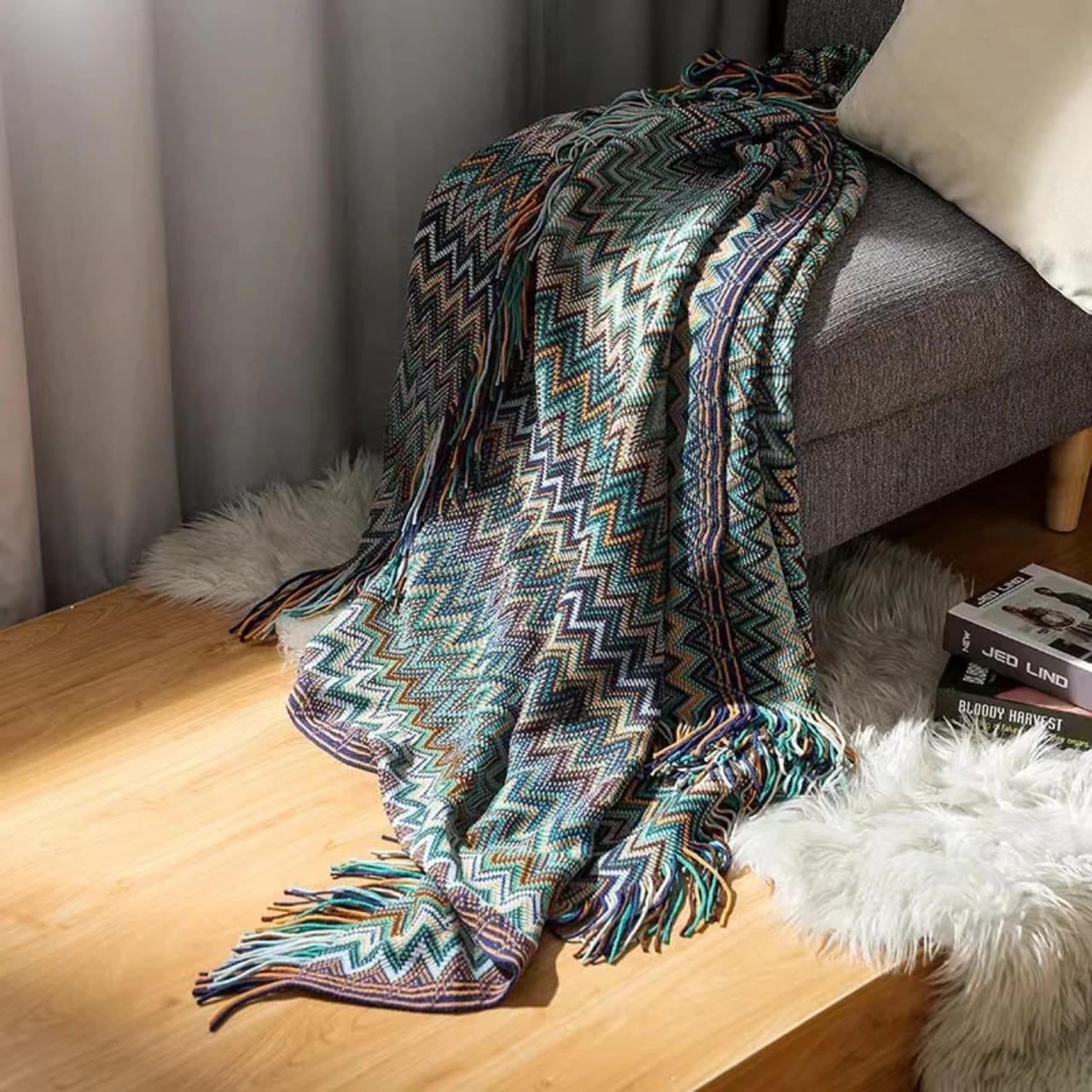 Bohemian Knitted Throw Blanket With Tassels