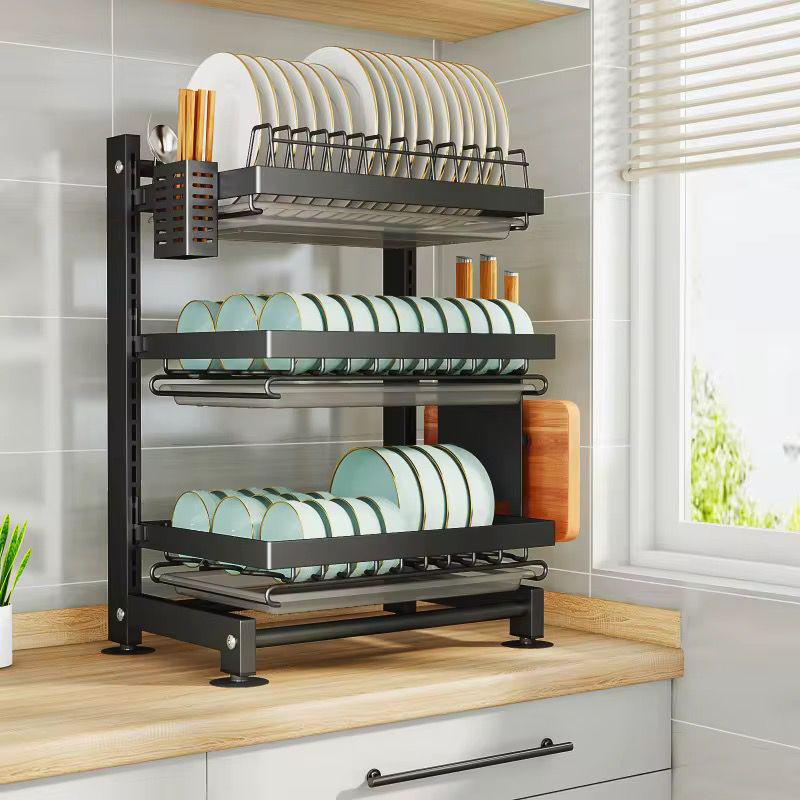 3-layer black adjustable wall-mounted dish rack for kitchen storage