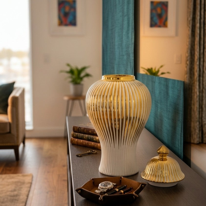 Ceramic Gold Plated White Ginger Vase