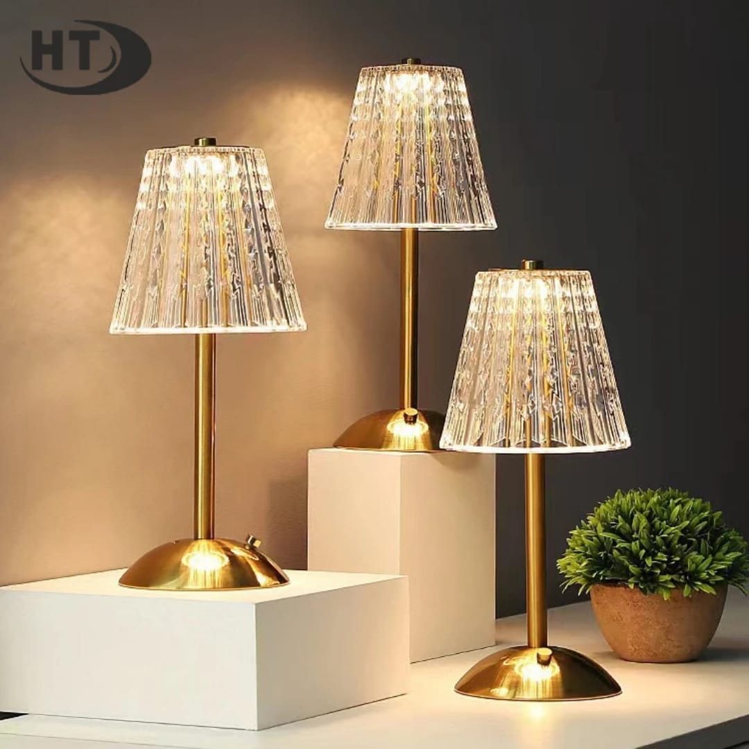 Cordless rechargeable bedside touch lamp with crystal gold finish and three color modes