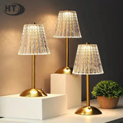Cordless rechargeable bedside touch lamp with crystal gold finish and three color modes