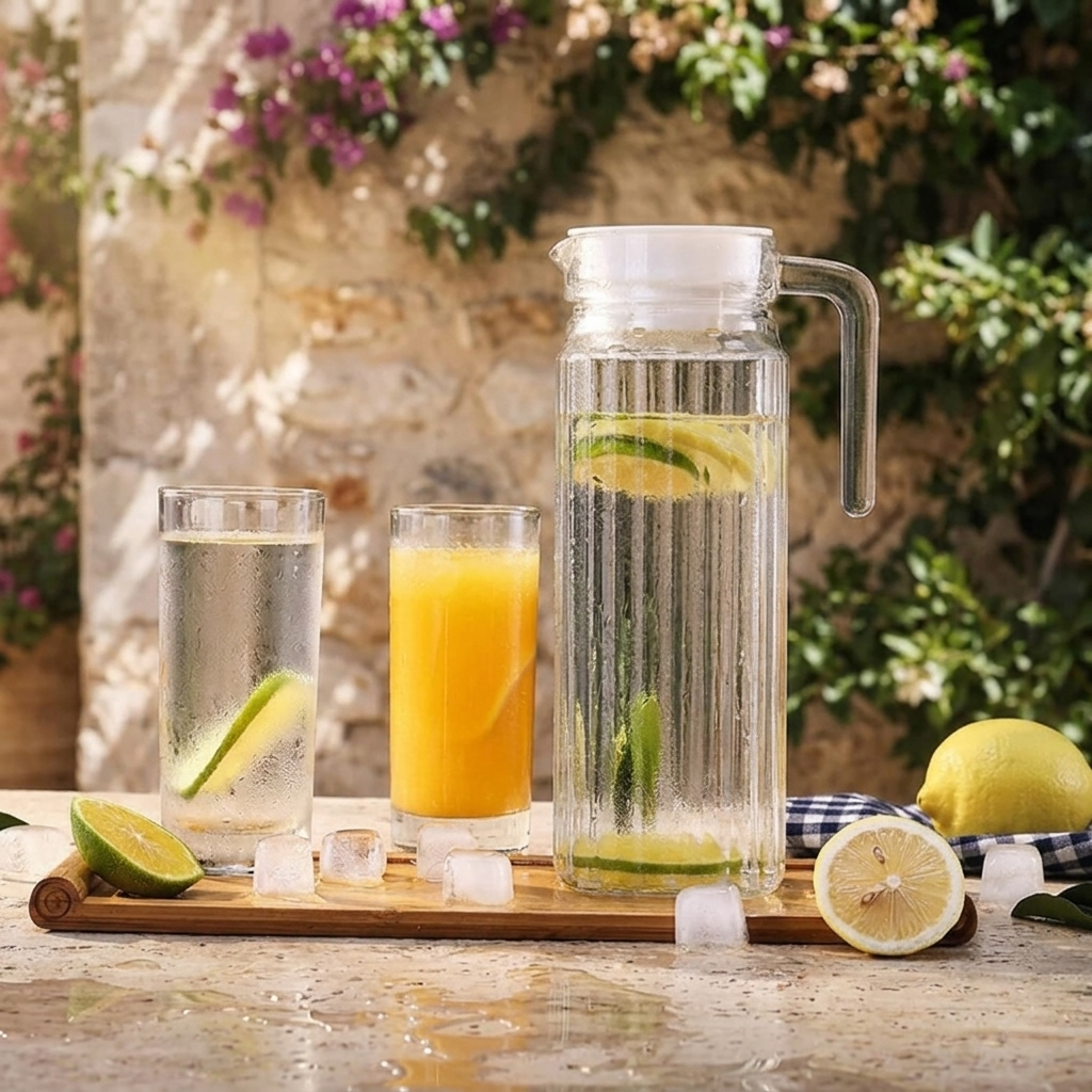Glass jug with six highball glasses set for serving water and beverages