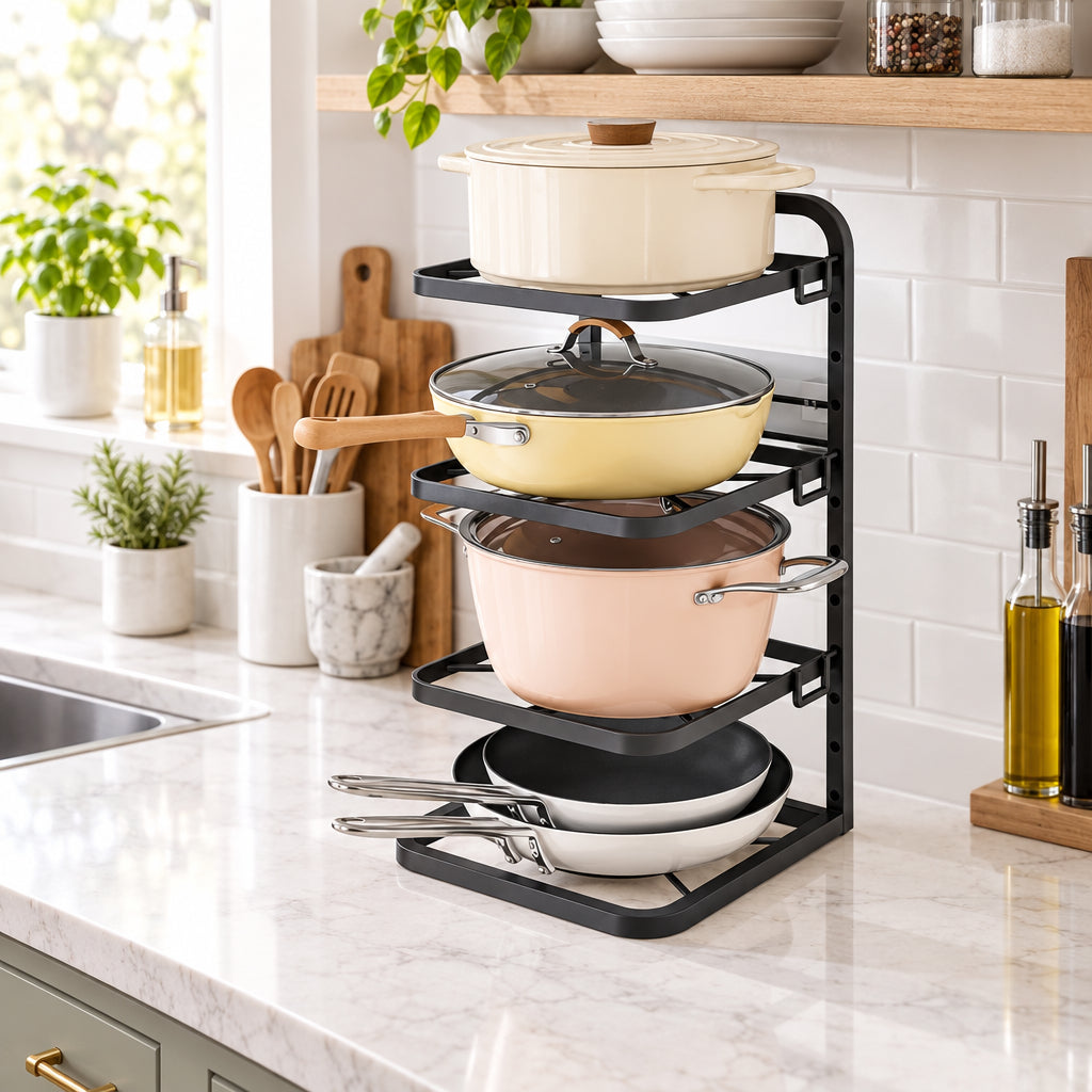 4 Layer Adjustable Pots Rack Black