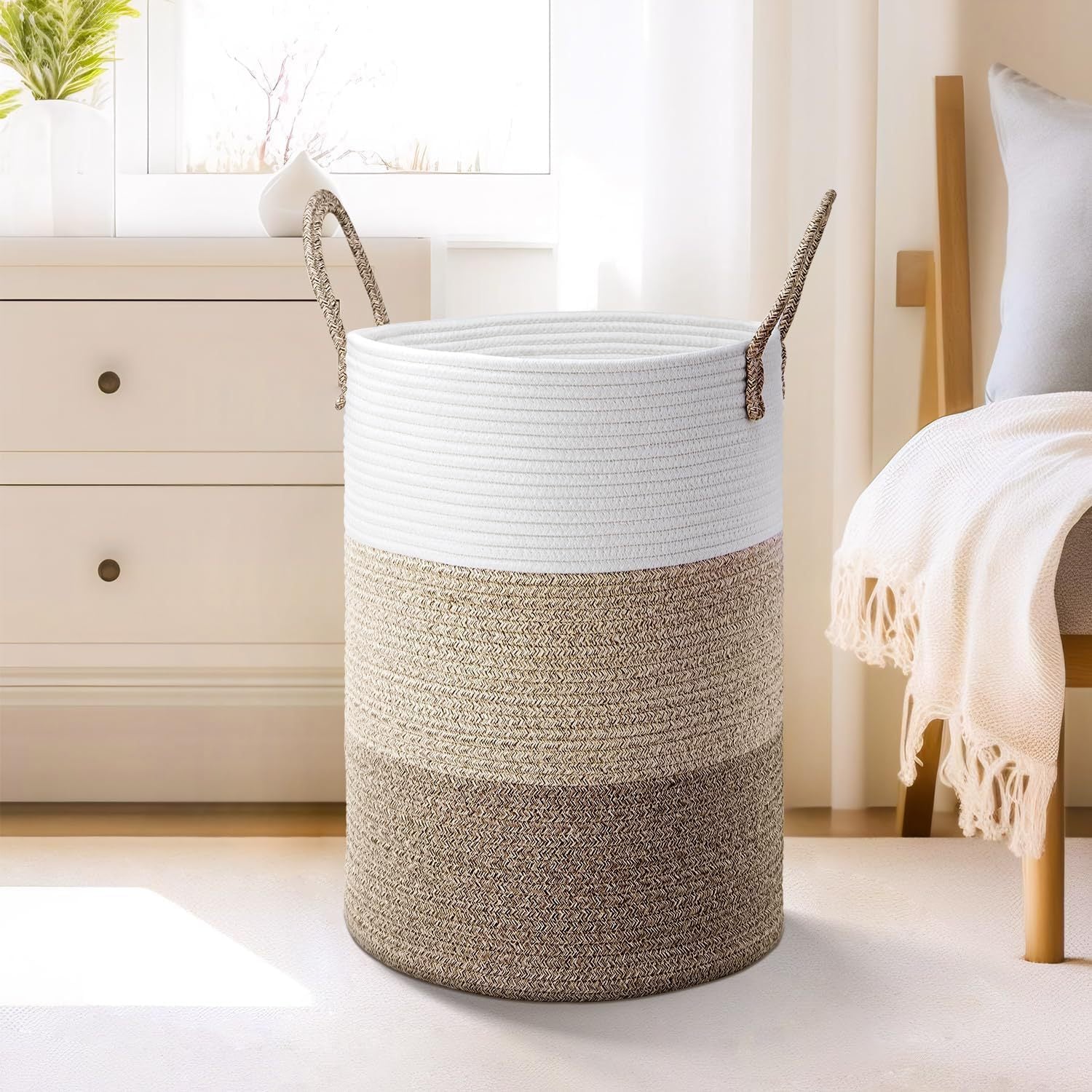 Large cotton rope woven basket with handles, decorative storage for toys, pillows, or towels