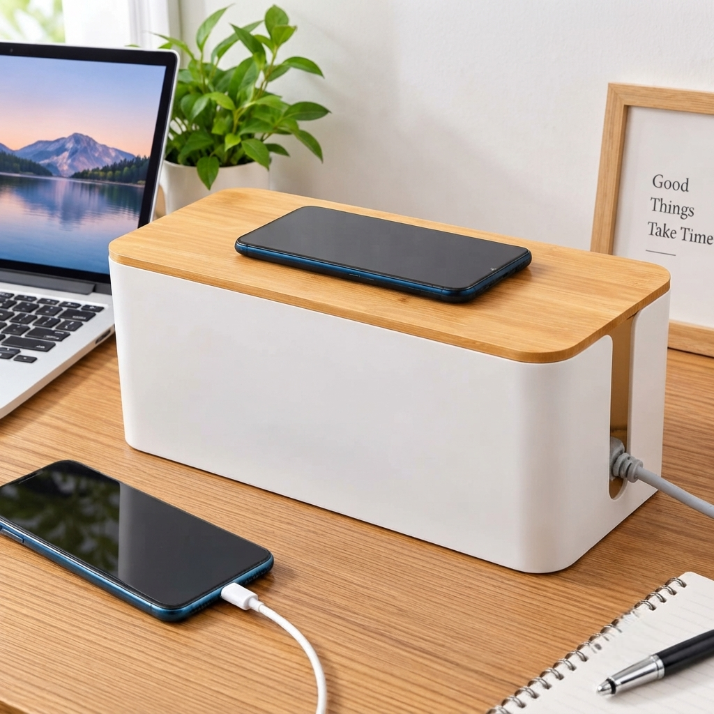 Cable Storage Box with Bamboo Lid