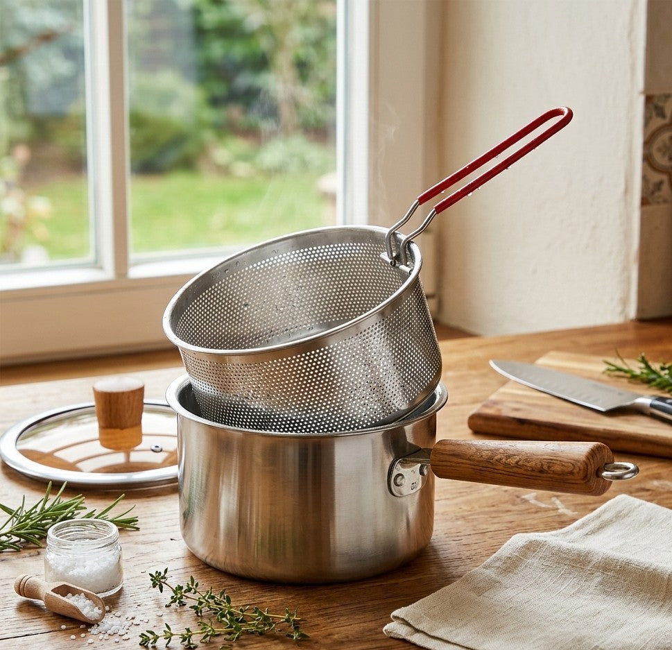 2 in 1 stainless steel milk and frying pot set with lid, strainer basket, and clamp, 2500ml capacity