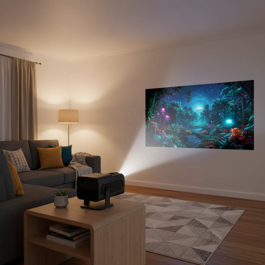 Dawood Lifestyle & Gadgets kes HY320 Android smart home theatre projector with 4K support, WiFi, Bluetooth, HDMI, USB ports, and 180-degree adjustable stand in matte black.