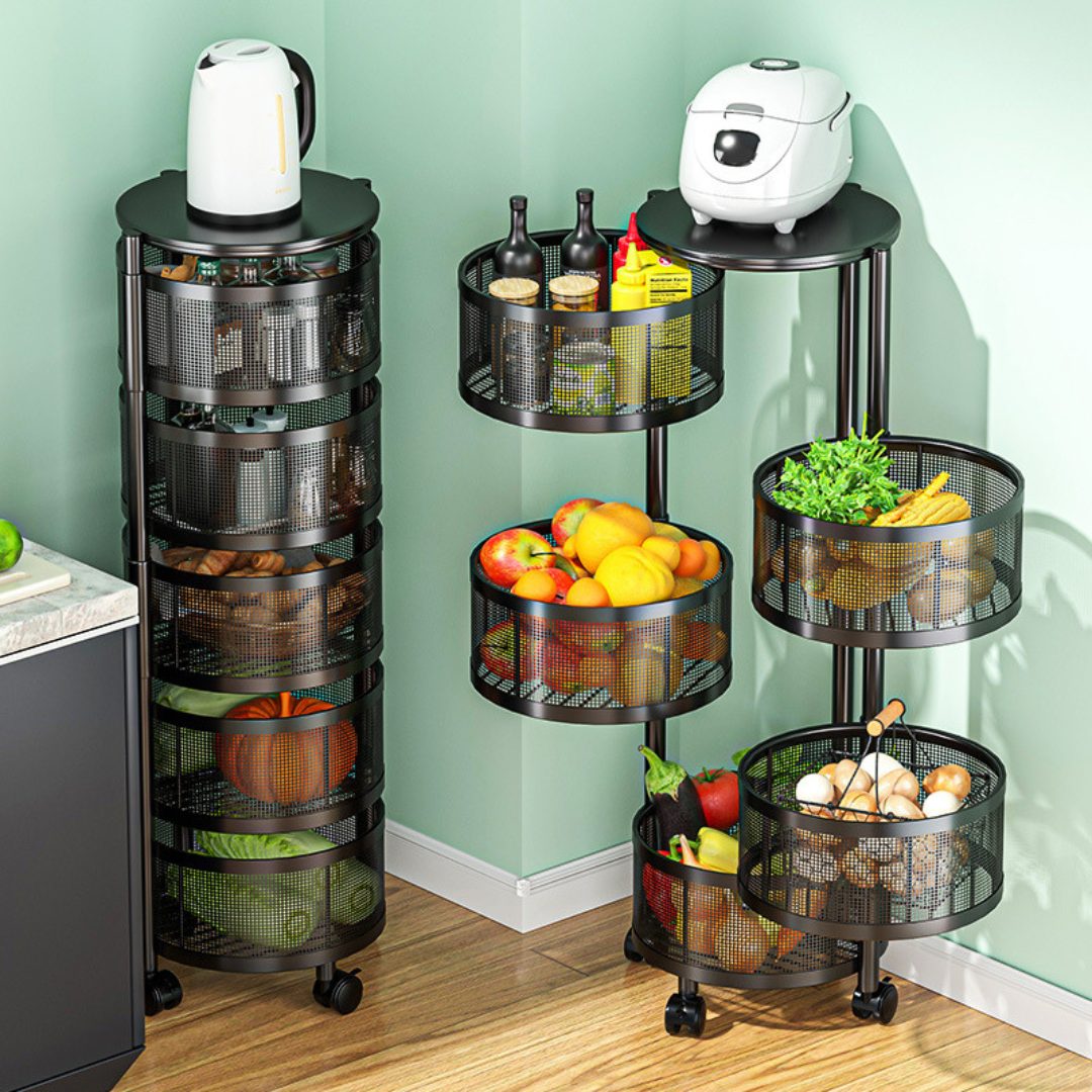 5 tier round rotating metal rack for fruits, vegetables, and kitchen storage with lockable wheels