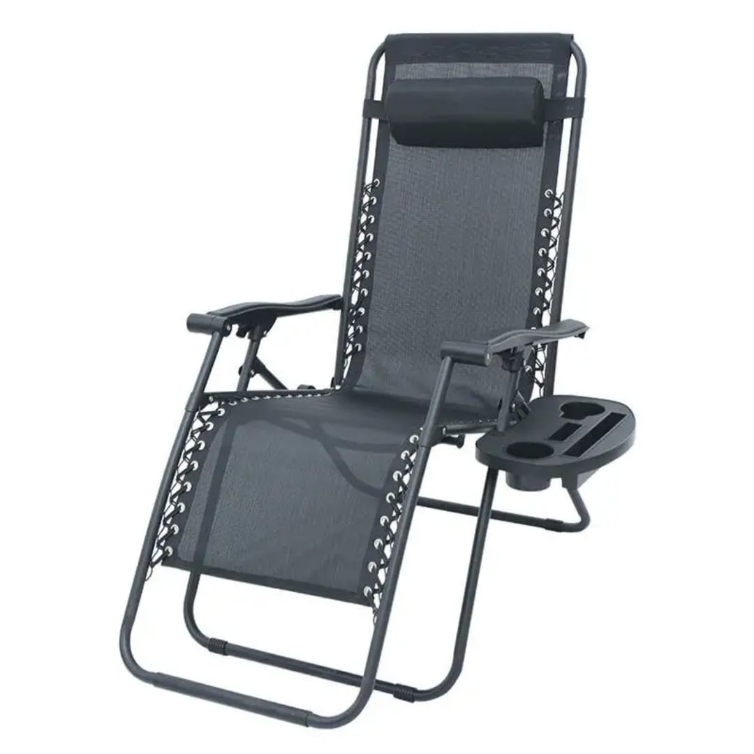Dawood Lifestyle & Gadgets kes adjustable zero gravity recliner folding chair with breathable mesh fabric, padded headrest, cup holder tray, and steel frame in black.