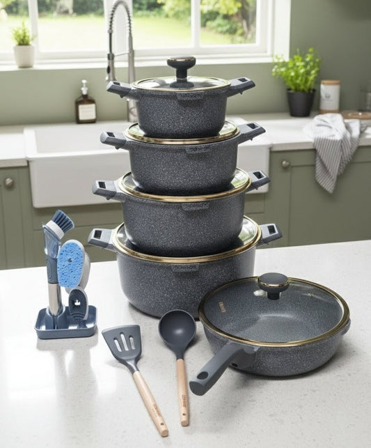 12 pcs DONNOR VERA granite non-stick cookware set with casserole pots, frying pan, and silicone utensils, available in grey and red